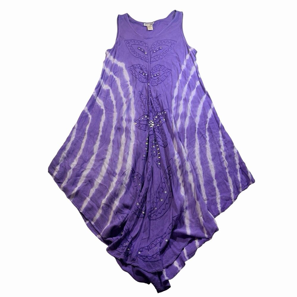Step in Style Dress Women's Size 2X Purple Tie Dye Embroidered Triangle Hem Boho